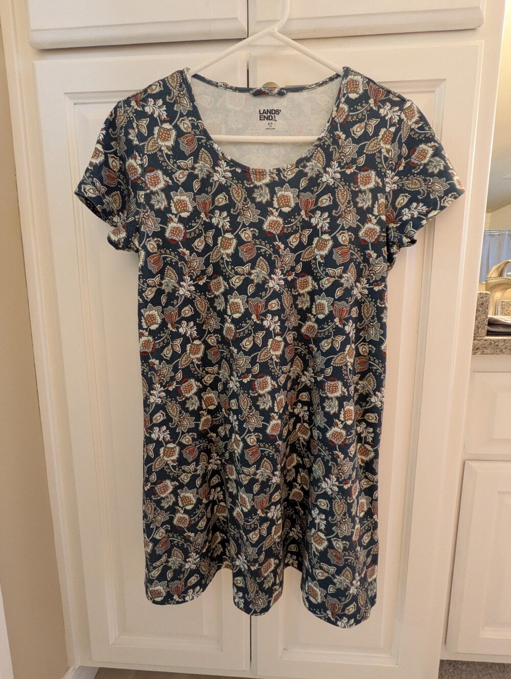 Lands' End Supima Cotton Short Sleeve Nightgown Navy Floral Pattern S